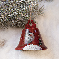 Dark Red Iron Bell with Santa Claus Pattern Pendant Decorations, for Christmas Tree Hanging Ornaments, Dark Red, 80x75mm