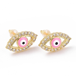 Pink Enamel Horse Eye Stud Earrings with Clear Cubic Zirconia, Gold Plated Brass Jewelry for Women, Cadmium Free & Lead Free, Pink, 8x14mm, Pin: 0.8mm