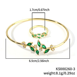 Зеленый Модные комплекты из латунных браслетов и колец с кубическим цирконием в форме листьев для повседневной носки, золотые, зелёные