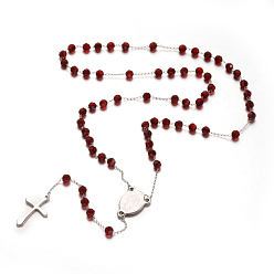 Red Cross 304 Stainless Steel Rosary Beaded Necklaces, with Glass Beads, Red, 25 inch(64cm)