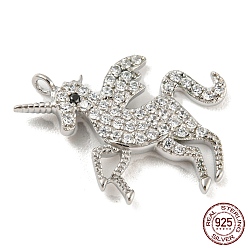 Real Platinum Plated 925 Sterling Silver Micro Pave Cubic Zirconia Pendants, Unicorn, Real Platinum Plated, 19x15x2.5mm, Hole: 1.2mm