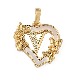Letter V Латунь микропаве фианиты с подвесками-ракушками, Сердце и письмо, долговечный, без свинца и без кадмия, стойки покрытие, Буква V, 20x20.5x3 мм, отверстие : 3.5x5 мм