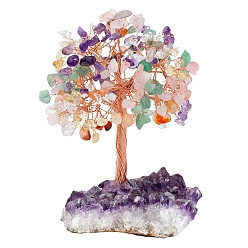Mixed Stone Natural Gemstone Chips Tree of Life Decorations, Rough Raw Amethyst Base with Copper Wire Feng Shui Energy Stone Gift for Women Men Meditation, 89~101x114~152mm