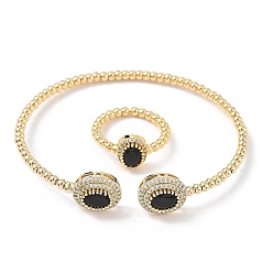 Черный Овальные латунные браслеты-манжеты и кольца с микропаве из кубического циркония для женщин, стойки покрытие, реальный 18 k позолоченный, чёрные, браслет: 3~11.5ширина мм, 61x52 мм внутренним диаметром