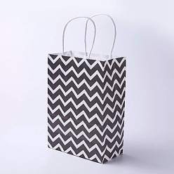 Black kraft Paper Bags, with Handles, Gift Bags, Shopping Bags, Rectangle, Wave Pattern, Black, 21x15x8cm