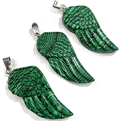 Malachite Synthetic Malachite Big Pendants, Wing Charms with Platinum Plated Matel Snap on Bails, 50x25mm