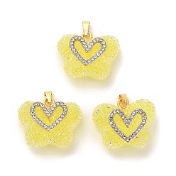 Yellow Butterfly with Heart Shape Resin & Rhinestone Pendant, with Rack Plating Golden Brass Findings, Long-Lasting Plated, Yellow, 21x24x10mm, Hole: 6x3mm