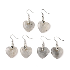 Лабрадорита Серьги-подвески из натурального лабрадорита, с латунными крючками для сережек, без свинца и без кадмия, сердце, 47x23 мм