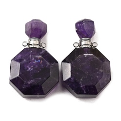 Аметист Кулоны для духов из натурального аметиста, с 304 фурнитурой из нержавеющей стали, граненые, восьмиугольные прелести, цвет нержавеющей стали, 39~40x24~25x11~12 мм, отверстие : 1.8 мм