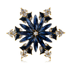 Sapphire Christmas Snowflake Enamel Pin with Rhinestone, Antique Golden Alloy Brooch for Backpack Clothes, Sapphire, 55x47mm