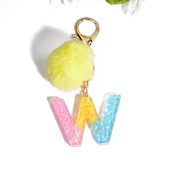 Letter W Resin Keychains, Pom Pom Ball Keychain, with KC Gold Tone Plated Iron Findings, Letter.W, 11.2x1.2~5.7cm