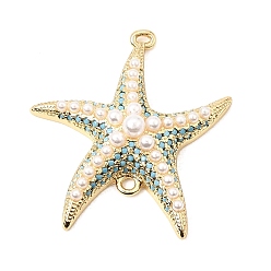 Sky Blue Brass Micro Pave Cubic Zirconia Connector Charms, Starfish Links, with ABS Plastic Imitation Pearl, Rack Plating, Long-Lasting Plated, Cadmium Free & Lead Free, Real 18K Gold  Plated, Sky Blue, 28.5x26x6.5mm, Hole: 1mm