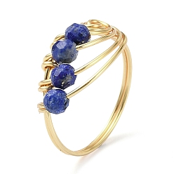 Lapis Lazuli Natural Lapis Lazuli Round Beaded Finger Ring, Light Gold Copper Wire Wrapped Vortex Ring, US Size 8 1/2(18.5mm)