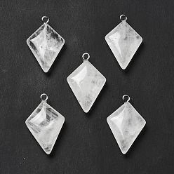 Quartz Crystal Natural Quartz Crystal Pendants, Kite Charms, with Stainless Steel Color Tone Stainless Steel Loops, 28x18x6~7mm, Hole: 2mm