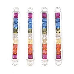 Silver Brass Pave Cubic Zirconia  Connector Charms, Rectangle Links, Rack Plating, Long-Lasting Plated, Silver, 24x3x2mm, Hole: 1.1mm