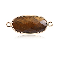 Tiger Eye Natural Tiger Eye Connector Charms, with Golden Tone Brass Edge, Faceted, Oval Links, 22x12mm