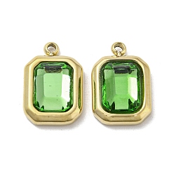 Green Real 14K Gold Plated 304 Stainless Steel Pendants, with Glass, Rectangle Charms, Green, 13.5x9x4mm, Hole: 1.4mm