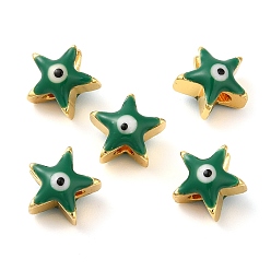 Sea Green Golden Tone Brass Enamel Beads, Cadmium Free & Lead Free, Long-Lasting Plated, Star with Evil Eye, Sea Green, 8x8x5mm, Hole: 1.4mm