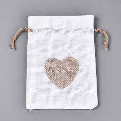 Белый Мешковины упаковочные пакеты, шнурок сумки, Прямоугольник с сердцем, белые, 14~14.5x10~10.5x0.3 см