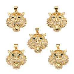 Real 18K Gold Plated 5Pcs Brass Micro Pave Clear & Green Cubic Zirconia Pendants, Nickel Free, Tiger, Real 18K Gold Plated, 25x23x5mm, Hole: 3x5mm