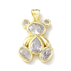 Clear Rack Plating Brass Micro Pave Cubic Zirconia Pendants, Lead Free & Cadmium Free, Bear Charm, Real 18K Gold Plated, Clear, 20x14.5x3mm, Hole: 4x3mm
