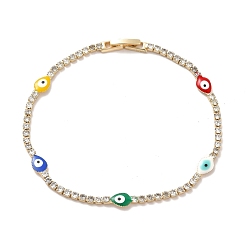 Colorful Clear Cubic Zirconia Tennis Bracelet with Enamel Teardrop Evil Eye, Rack Plating Iron Link Chains Bracelet for Women, Golden, Colorful, 8 inch(20.2cm)