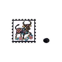Cattle Chinese Style Alloy Enamel Pins, Square Stamp Brooch, Zodiac Sign Badge for Clothes Backpack, Cattle, 30x30mm
