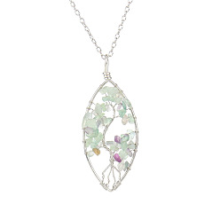Fluorite Natural Fluorite Chips Beaded Horse Eye with Tree Pendant Necklaces, with Platinum Brass Chains, 20.08 inch(51cm)