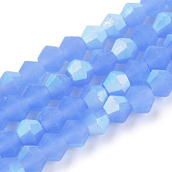 Cornflower Blue Imitation Jade Bicone Frosted Glass Bead Strands, Half AB Color Plated, Faceted, Cornflower Blue, 4x4mm, Hole: 1mm, about 86~89pcs/strand, 12.20~12.68 inch(31~32.2cm)