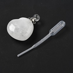 Хрусталь Кулоны для духов из натурального кварца, для эфирного масла, духи, с латунными наконечниками и пипетками платинового цвета, сердце, 42x29~32x12~12.5 мм, отверстие : 1.5~1.8 мм
