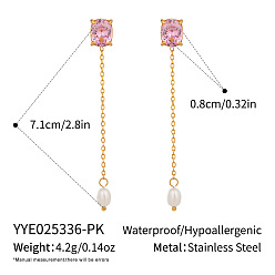 Pink 304 серьги-гвоздики с овальными кисточками из нержавеющей стали с кубическим цирконием, с имитацией жемчуга, реальный 18 k позолоченный, розовые, 71x8 мм