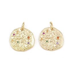 Aquarius Brass Micro Pave Colorful Cubic Zirconia Charms, Round with Constellation Charms, Rack Plating, Long-Lasting Plated, Cadmium Free & Lead Free, Golden, Aquarius, 14~15x14~15x1.6~2.2mm
