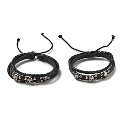 Черный Кожаные и вощеные шнуры трехслойные многорядные браслеты, плетеный регулируемый браслет из сплава с черепом, чёрные, внутренний диаметр: 2-1/4~3-3/8 дюйм (5.7~8.6 см)