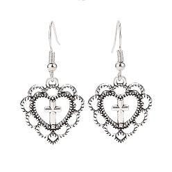 Antique Silver Alloy Heart with Cross Dangle Earrings for Women, Antique Silver, 38mm, Pin: 0.6mm