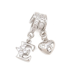 Letter E Латунные микропаве прозрачные подвески с фианитом, сердце прелести, долговечный, стойки покрытие, без кадмия и без свинца, платина, Письмо E, 24 мм, отверстия : 3 mm и 4 мм, Сердце: 8.5x8x3.5 mm, Письмо: 10x8.5x3.5 мм