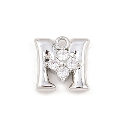 Letter M Латунные микропаве прозрачные кубические циркониевые подвески, долговечный, стойки покрытие, платина, без кадмия и без свинца, Буква М, 9.5x9.5x3.5 мм, отверстие : 1.2 мм