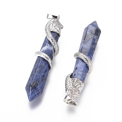 Sodalite Natural Sodalite Big Pendants, with Brass Findings, Snake with Diamond, Platinum Metal Color, 60x12mm, Hole: 5x7mm