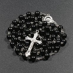 Black Plastic Imitation Pearl Rosary Bead Necklace for Easter, Alloy Crucifix Cross Pendant Necklace with Iron Chains, Black, 27.56 inch(70cm)