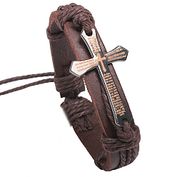 Brown Adjustable Cross with Word Iron Braided Leather Cord Bracelets, (Font Random Single Color or Random Mixed Color), Brown, 60mm