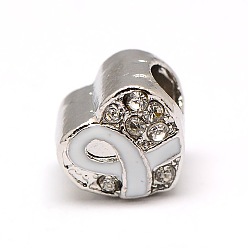 Белый Платиновый оттенок сплав горный хрусталь европейских бисер, бусины с большим отверстием и эмалевым символом борьбы против рака молочной железы, белые, 9.5x9.5x8.5 мм, отверстие : 4 мм