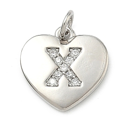 Letter X Латунные микропаве прозрачные подвески с фианитом, сердце прелести, без кадмия и без свинца, стойки покрытие, долговечный, платина, Письмо X, 15x15x2 мм, отверстие : 3 мм