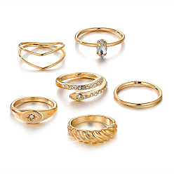 Golden Snake & Oval Rhinestone Finger Rings Set with Imitation Pearl Beaded, Alloy Enamel Stackable Rings for Women, Golden, Inner Diameter: 16~18mm, 6Pcs/set