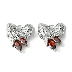 Siam Brass Heart Charms, Real Platinum Plated, with Glass, Siam, 13x12x4mm, Hole: 1.5mm