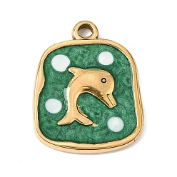 Green 303 Stainless Steel Enamel Pendants, Rectangl with Dolphin Charms, Ion Plating(IP), Golden, Green, 26.5x21x3.5mm, Hole: 2.5mm