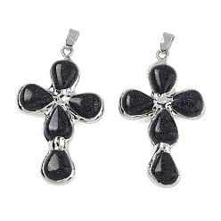 Blue Goldstone Synthetic Blue Goldstone Pendants, Cross Charms, with Platinum Tone Brass Findings, 38~41x22.5~23.5x5.5~6mm, Hole: 5.5x3.5mm