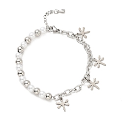 Stainless Steel Color 201 Stainless Steel Dragonfly Charm Bracelet, Plastic Pearl Beaded Bracelet with 304 Stainless Steel Cable Chains for Women, Stainless Steel Color, 7-1/2 inch(19cm)