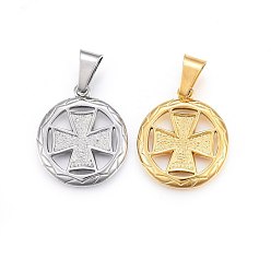 Mixed Color 304 Stainless Steel Pendants, Flat Round with Cross, Mixed Color, 28.5x25x3mm, Hole: 11x6mm