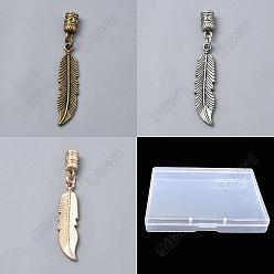 Couleur Mélangete 18pcs 3 couleurs embouts de cordon en alliage, avec des pendentifs en plumes, couleur mixte, 63mm, Trou: 5mm, 6 pcs / couleur
