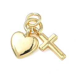 Настоящее золото 18K Латунные подвески, сердце с крестными прелестями, без свинца и без кадмия, стойки покрытие, долговечный, реальный 18 k позолоченный, 11x9x2 мм, Перейти кольцо: 5x0.9 мм, 3.2 мм внутренним диаметром