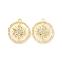 Golden Brass Micro Pave Clear Cubic Zirconia Pendants, with White Shell, Cadmium Free & Lead Free, Flat Round with Star, Golden, 19x16.5x3.5mm, Hole: 1.2mm